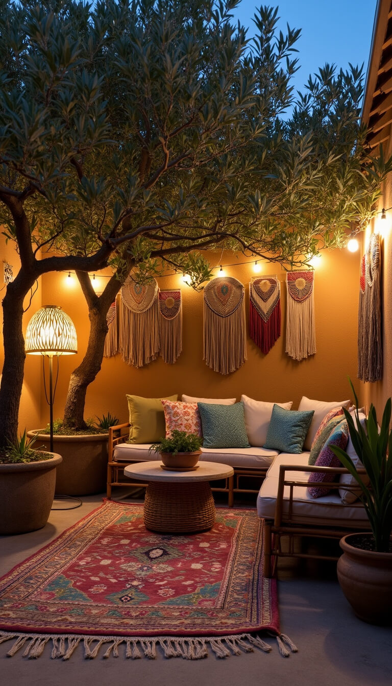 Twilight view of cozy urban patio with vintage rug, rattan seating, olive trees in stone planters, and soft ambient lighting.