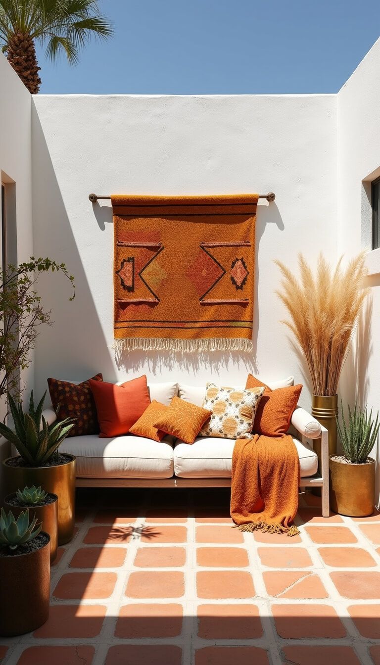 Modern bohemian patio with concrete sofa, vintage textiles, geometric terracotta tiles, and brass planters under bright midday sun.
