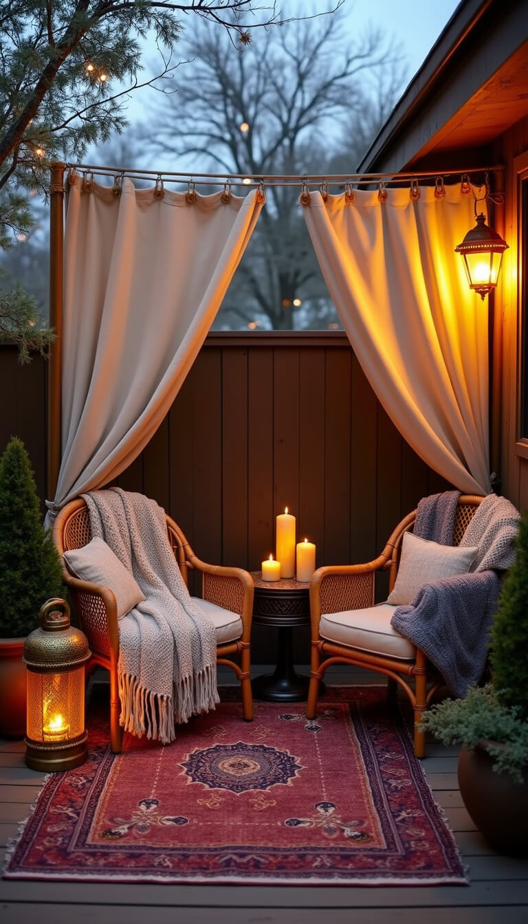 Boho winter patio with leather safari chairs, knit throws, lanterns, and evergreen plants at blue hour.