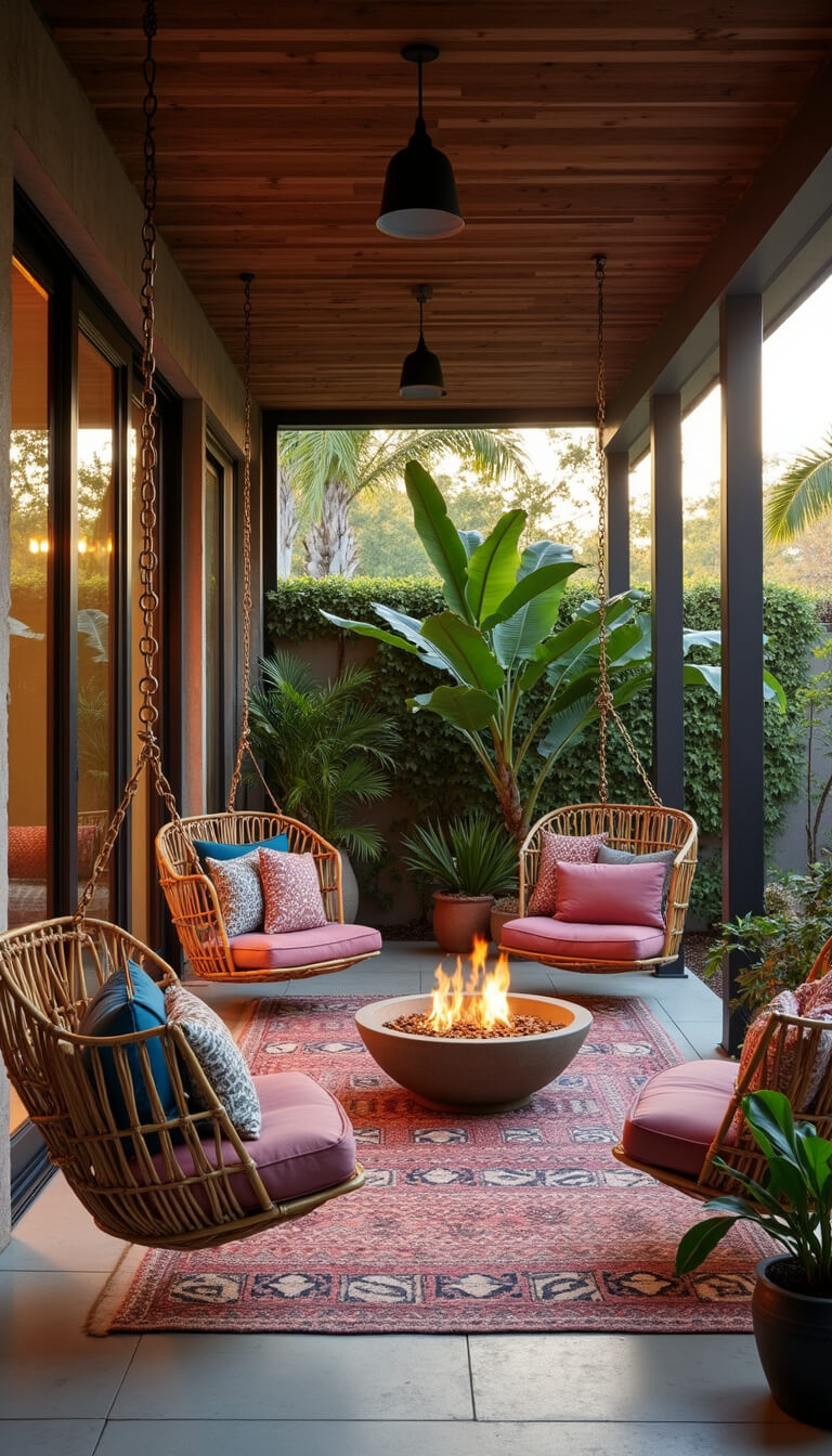 Bohemian indoor-outdoor patio with open sliding glass doors, rattan swing chair, colorful floor cushions, tribal tile flooring, banana leaf plants, and mixed metal accents at sunset.