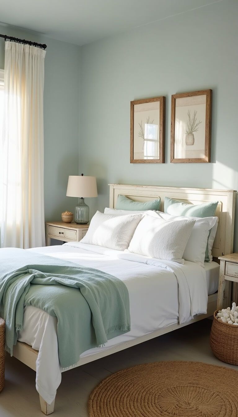 Coastal-style bedroom with king bed in white and aqua linens, morning light through linen curtains, driftwood accents, jute rug, and soft, dreamy focus.