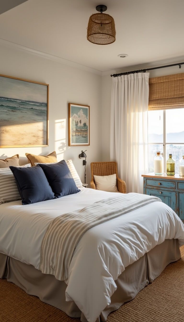 Cozy 12x12ft bedroom at golden hour with sunlight through sheer curtains, queen bed with white duvet and striped pillows, distressed blue dresser, beach photography, sisal carpet, and rattan reading chair.