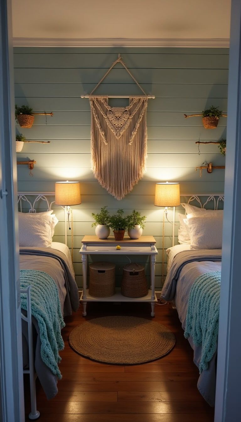 Cozy 10x12ft guest bedroom at twilight with twin white iron beds, seafoam green throws, blue shiplap accent wall, vintage oar decor, jute rugs, warm lamp lighting, and natural textures like macramé, baskets, and air plants.