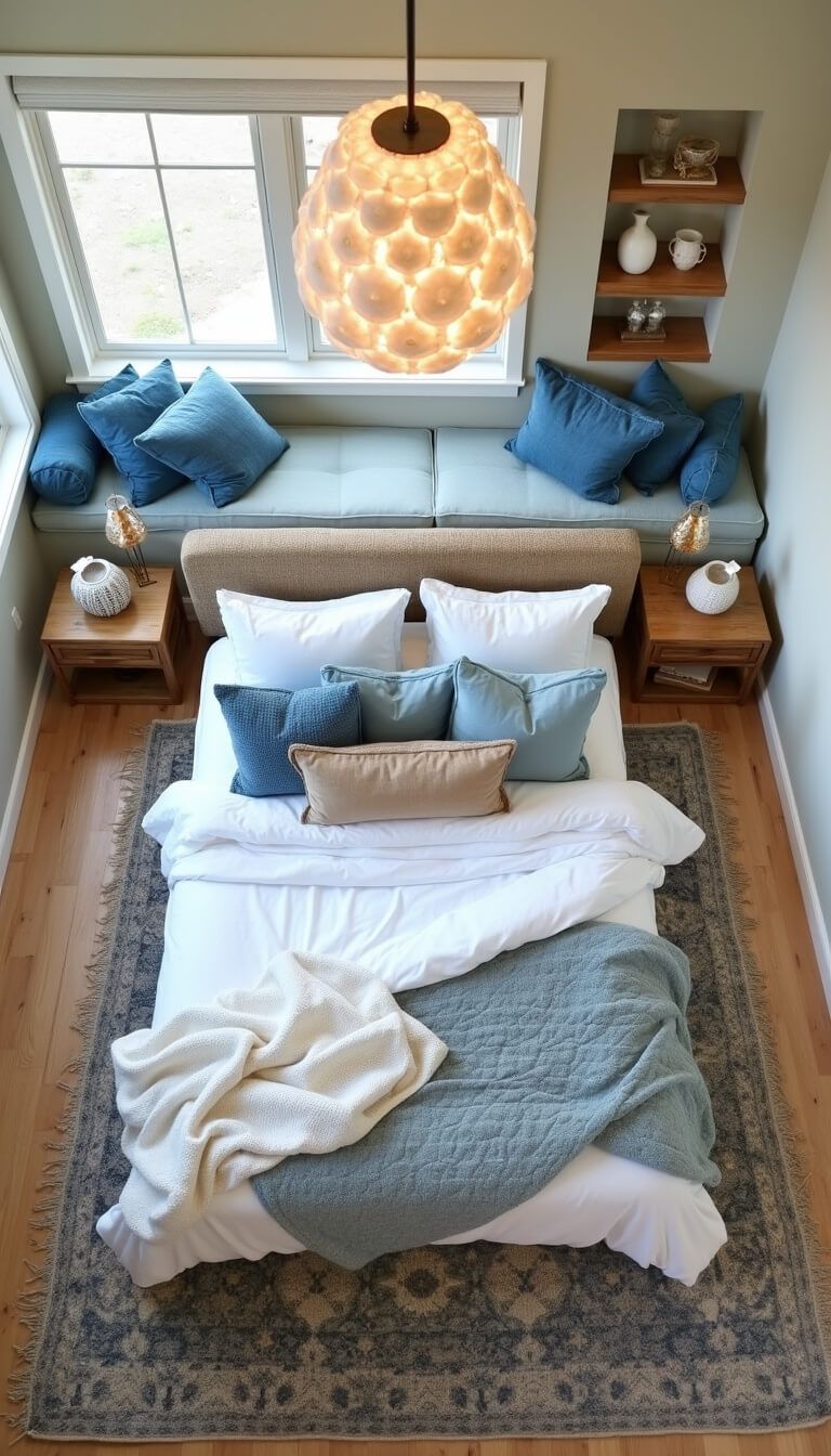 Overhead view of serene master bedroom with California king bed, layered coastal textiles, vintage rugs, window seat, and capiz chandelier.