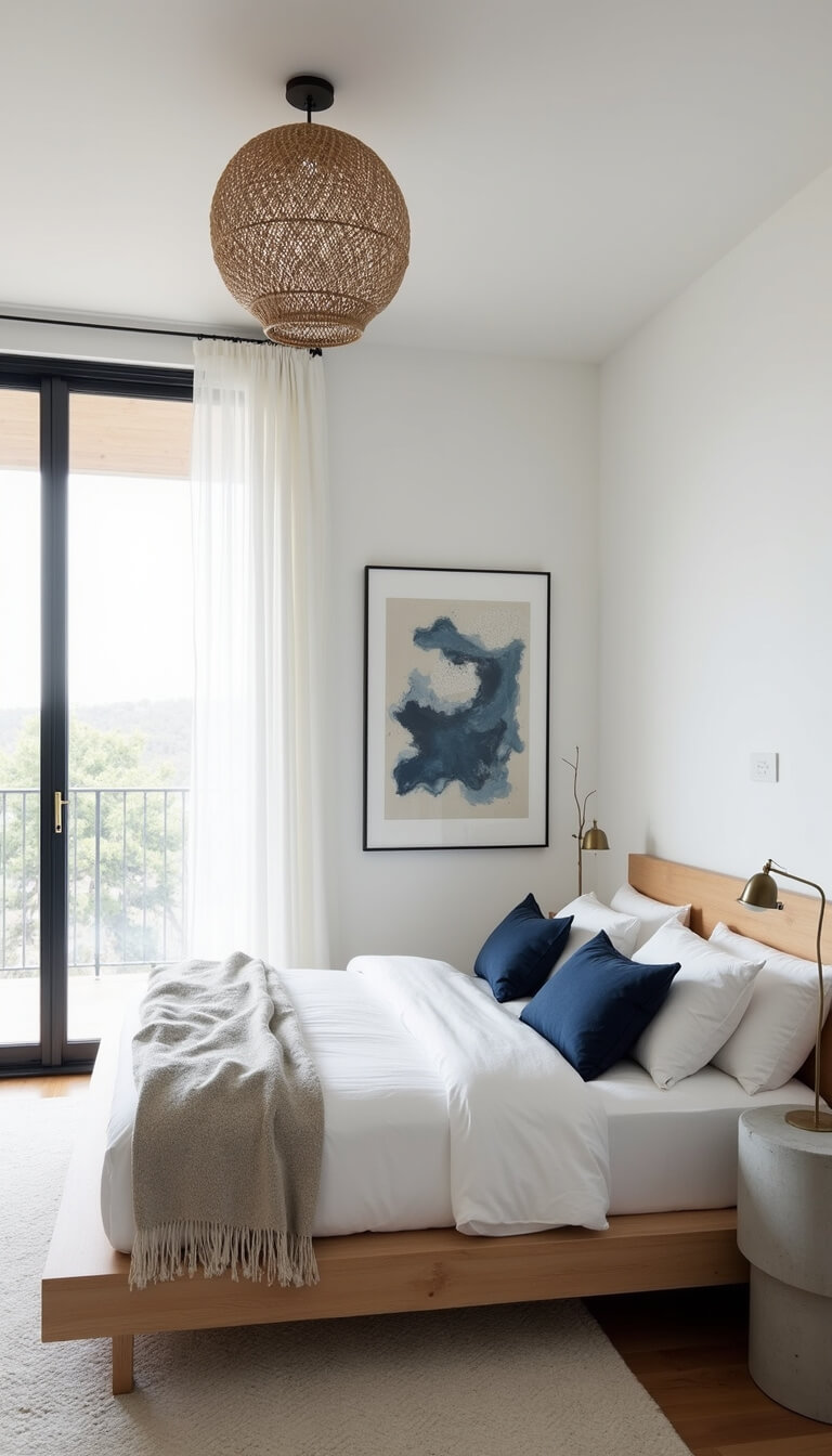 Modern coastal bedroom with light oak platform bed, white bedding, navy accent pillows, floor-to-ceiling windows, and minimalist wave artwork.