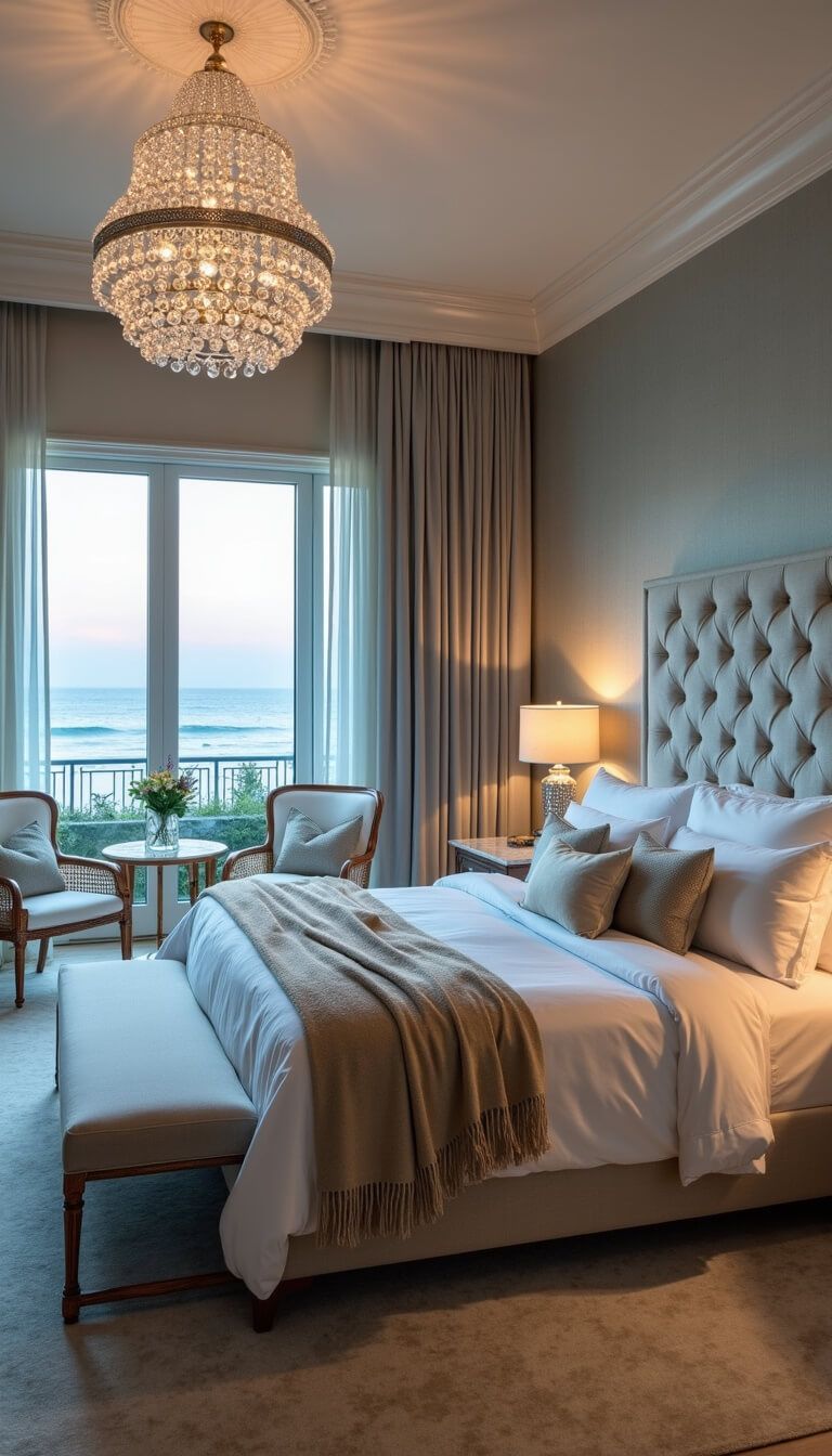 Luxurious master suite at dusk with tufted oatmeal headboard, ocean view, and elegant decor in soft blues and neutrals.