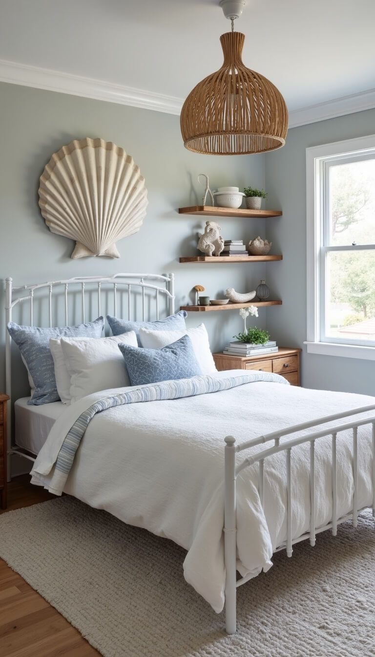 Airy 12x15ft bedroom with queen bed, white iron headboard, cloud-like bedding, coastal decor, and soft late morning light.