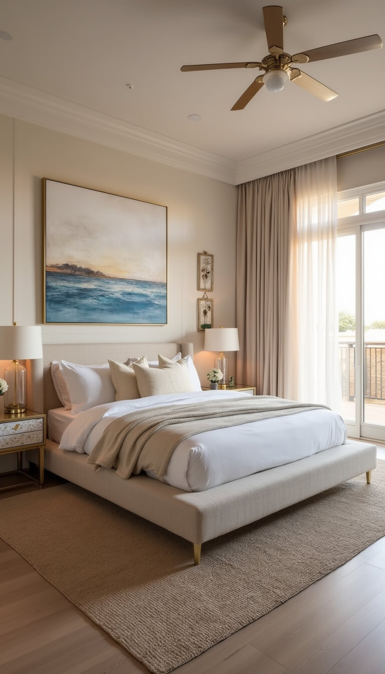 Elegant coastal primary bedroom at golden hour with upholstered bed, seascape art, and soft natural textures.