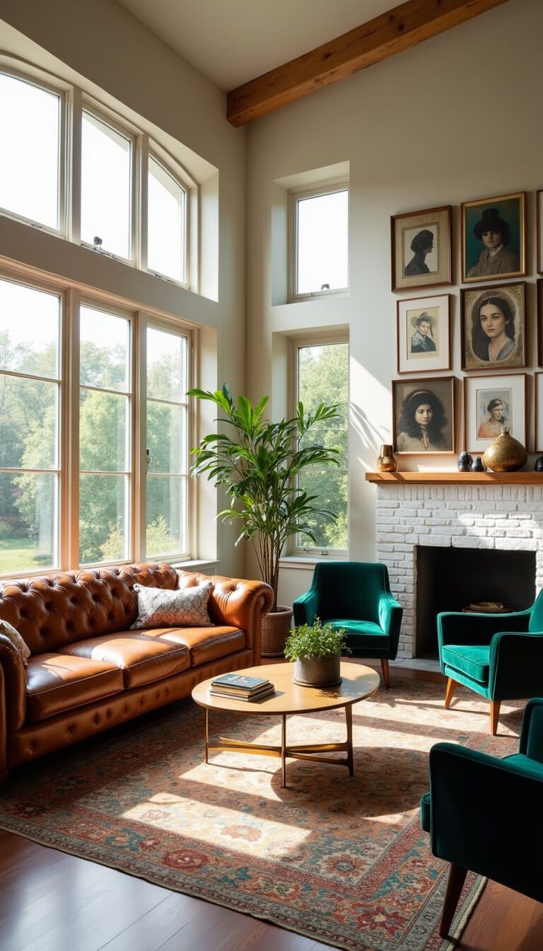 Sunlit living room with high ceilings, bay windows, cognac leather Chesterfield sofa, brass coffee table, Persian rug, eclectic art wall, emerald velvet chairs, and whitewashed brick fireplace.