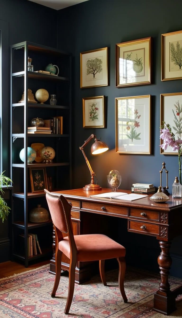 Cozy home office corner with Victorian mahogany desk, industrial black bookcase, copper task lamp, vintage curiosities, and botanical prints on navy walls.