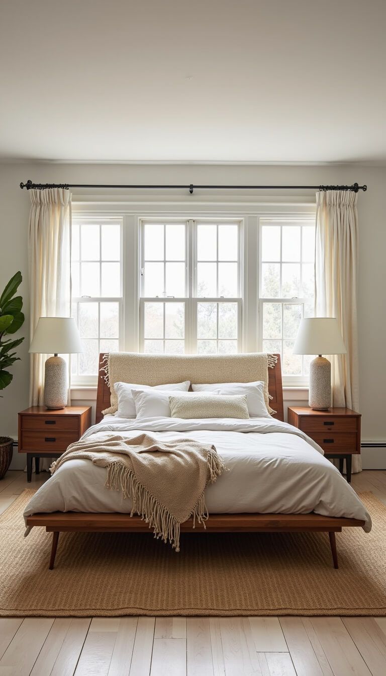 Airy 16x18 main bedroom with platform bed in rumpled Belgian linen, floor-to-ceiling windows, vintage Moroccan wedding blanket above headboard, mid-century walnut nightstands with ceramic lamps, oversized jute rug on bleached hardwood, and potted fiddle leaf fig in natural morning light.