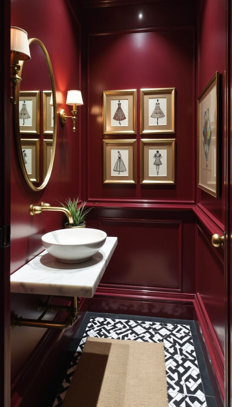 Dramatic powder room with glossy aubergine walls, brass mirror and sconces, floating marble vanity with ceramic vessel sink, vintage fashion sketch gallery wall, black and white geometric floor tiles, and Turkish kilim.