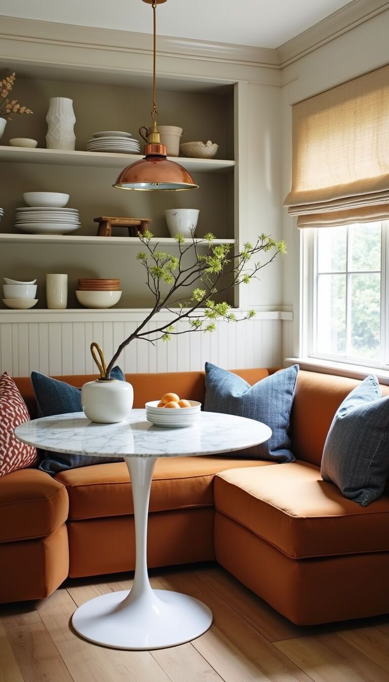 Breakfast nook with dark honey velvet banquette, indigo pillows, marble tulip table, and artisanal kitchenware on open shelves.