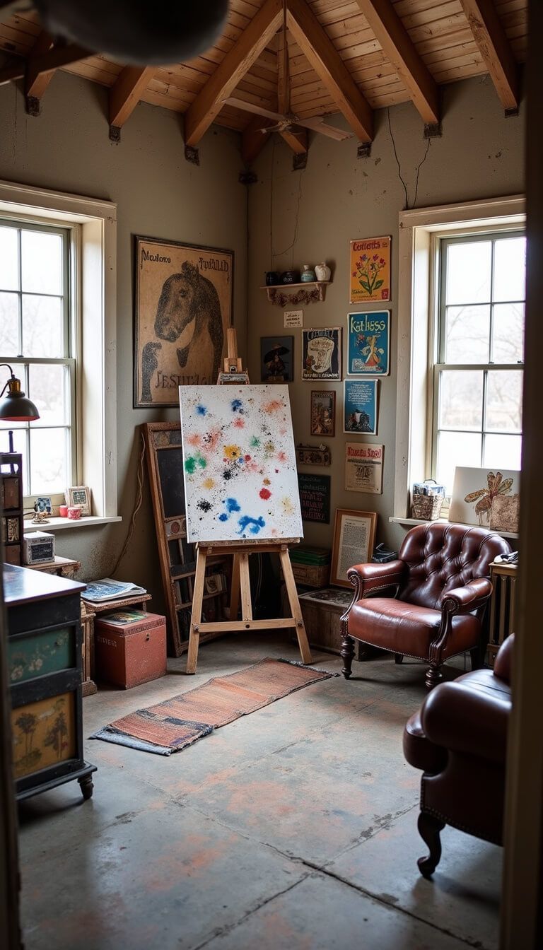 Eclectic attic artist's studio with exposed beams, abstract painting on easel, vintage decor, and cozy leather armchair.