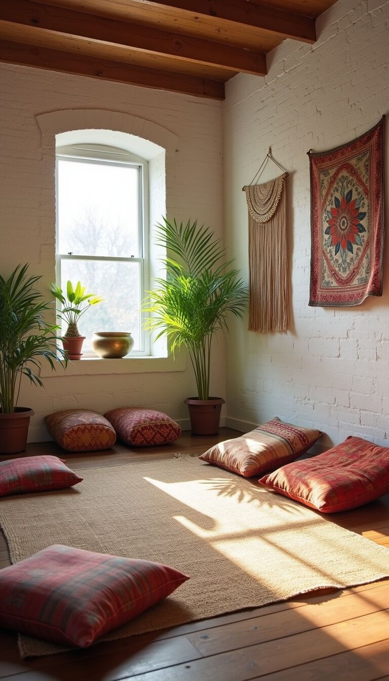 Low wide-angle view of a tranquil 18' x 20' yoga room at dawn with whitewashed brick walls, vintage tapestries, collected cushions in rich fabrics, brass singing bowls, potted palms, and a jute rug.