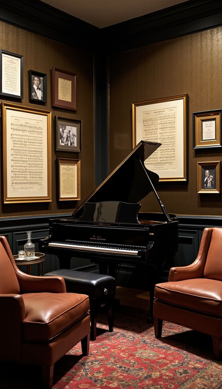Moody dusk-lit music room with black baby grand piano, vintage leather chairs, gallery wall, metallic wallpaper, and brass bar cart with crystal decanter set.