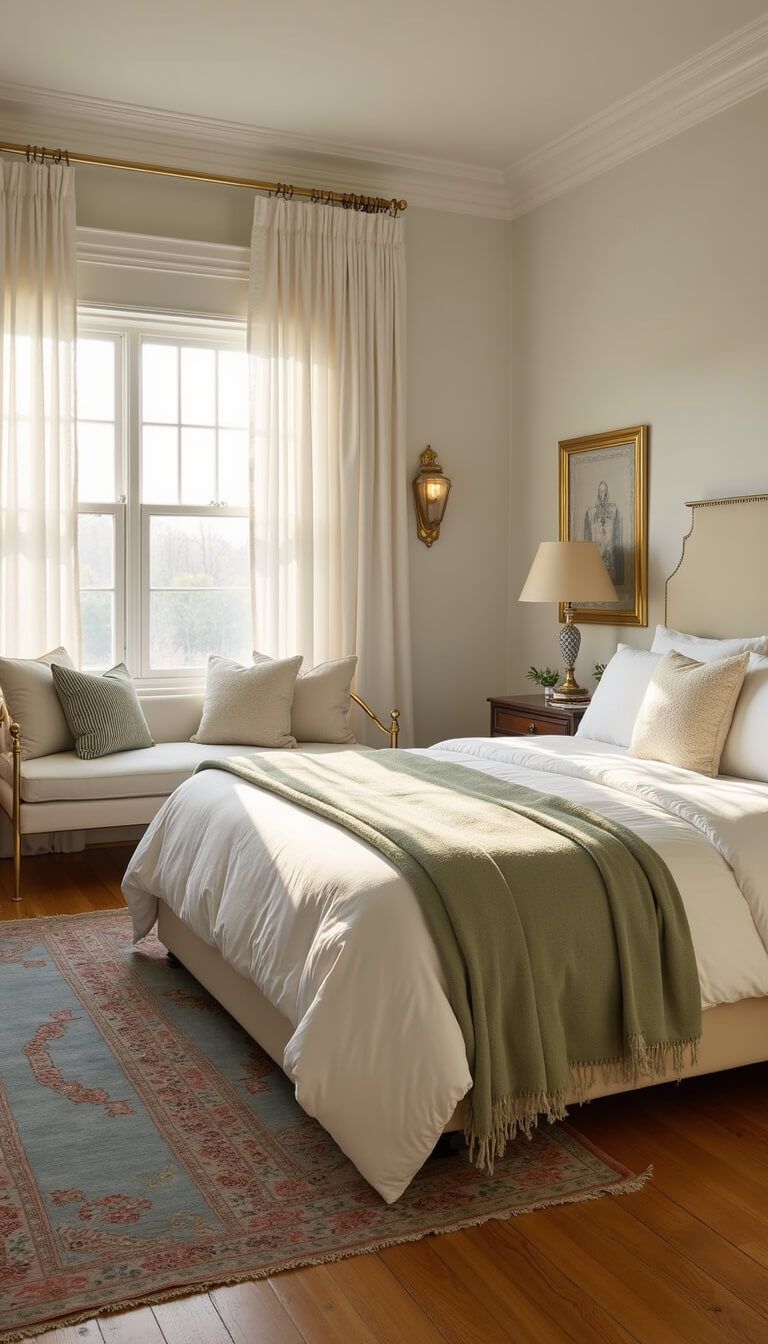Sunlit guest bedroom with queen bed, brass daybed, vintage rug, and floor-to-ceiling curtains at golden hour.