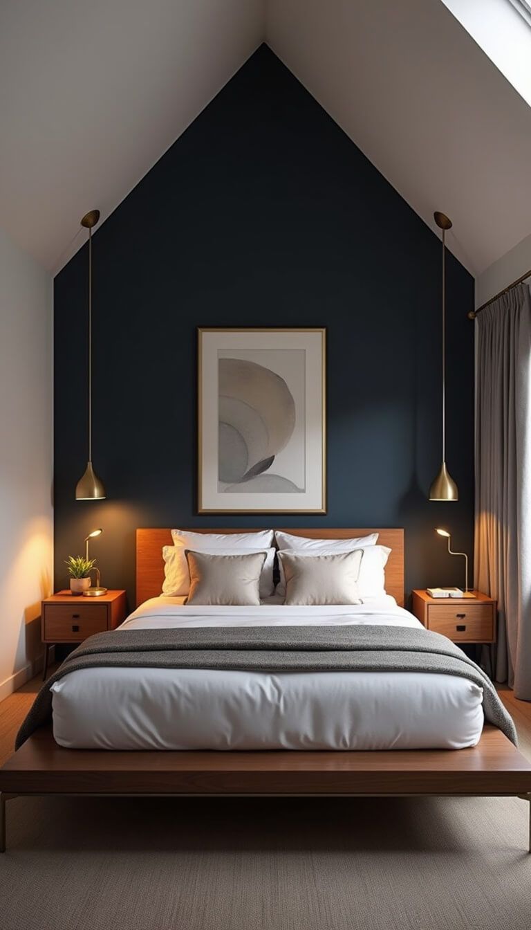 Mid-century modern guest suite with vaulted ceiling, navy accent wall, walnut platform bed, brass accents, and ambient LED lighting at dusk.