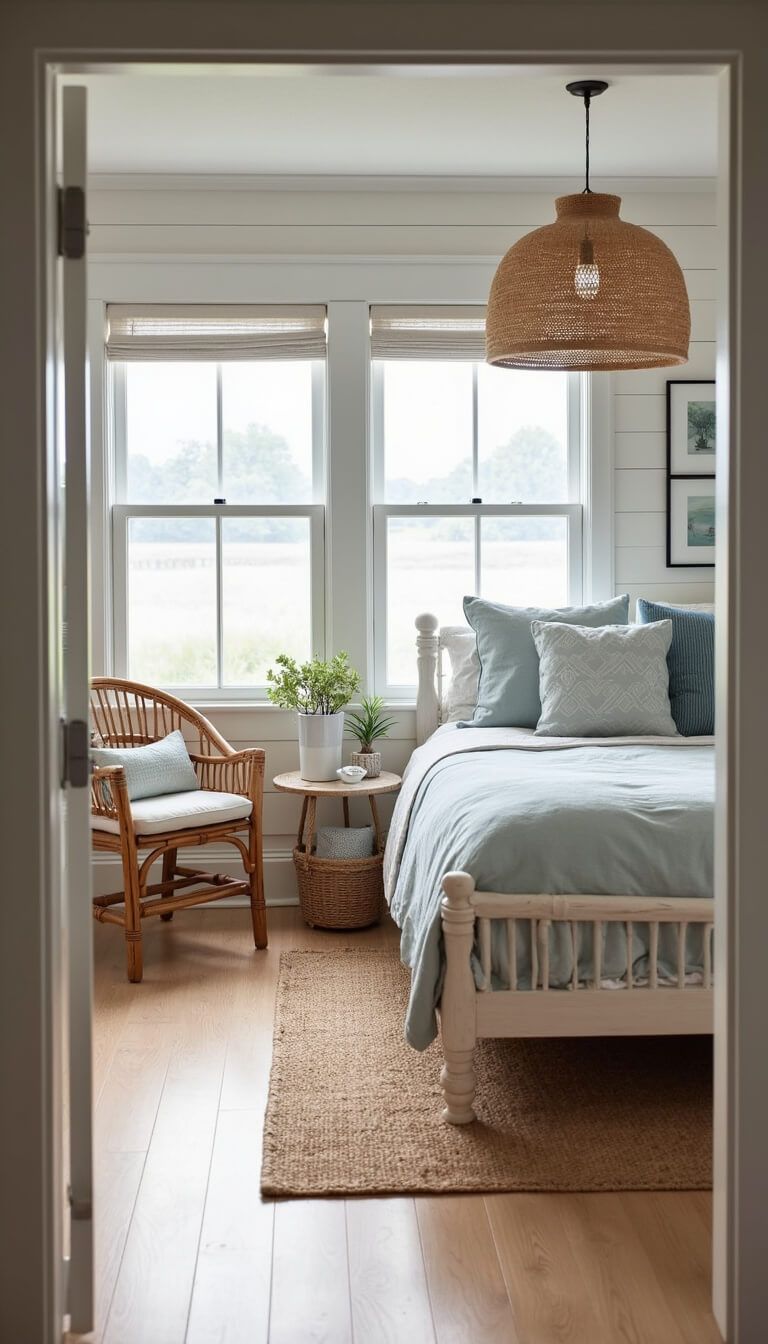 Coastal-inspired 11x13ft guest room with white shiplap walls, pale blue-grey bedding on a whitewashed bed, rattan chair in reading nook, jute rug on oak floor, and natural light streaming through windows.