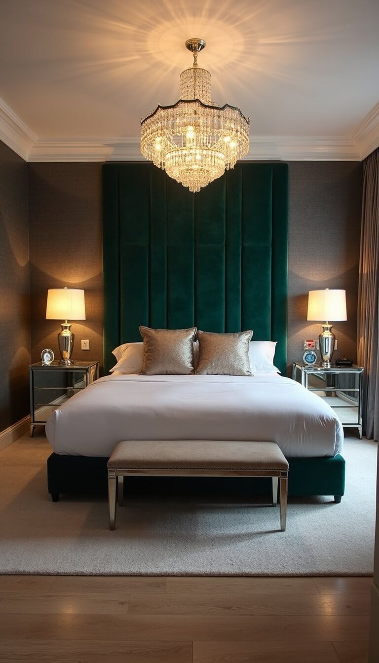 Luxurious boutique guest room with emerald green velvet headboard, crystal chandelier, mirrored nightstands, and cream carpet beneath a king bed with white linens and metallic pillows.