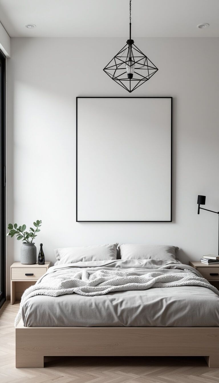 Scandinavian minimalist guest room with pale ash platform bed, soft grey linen bedding, white throws, black-framed windows, geometric pendant light, and large black and white photo focal point.