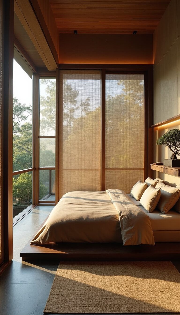 Contemporary zen guest retreat at dawn with floor-to-ceiling windows, low teak platform bed, stone-look flooring, grass mat, and bonsai display on floating shelf.
