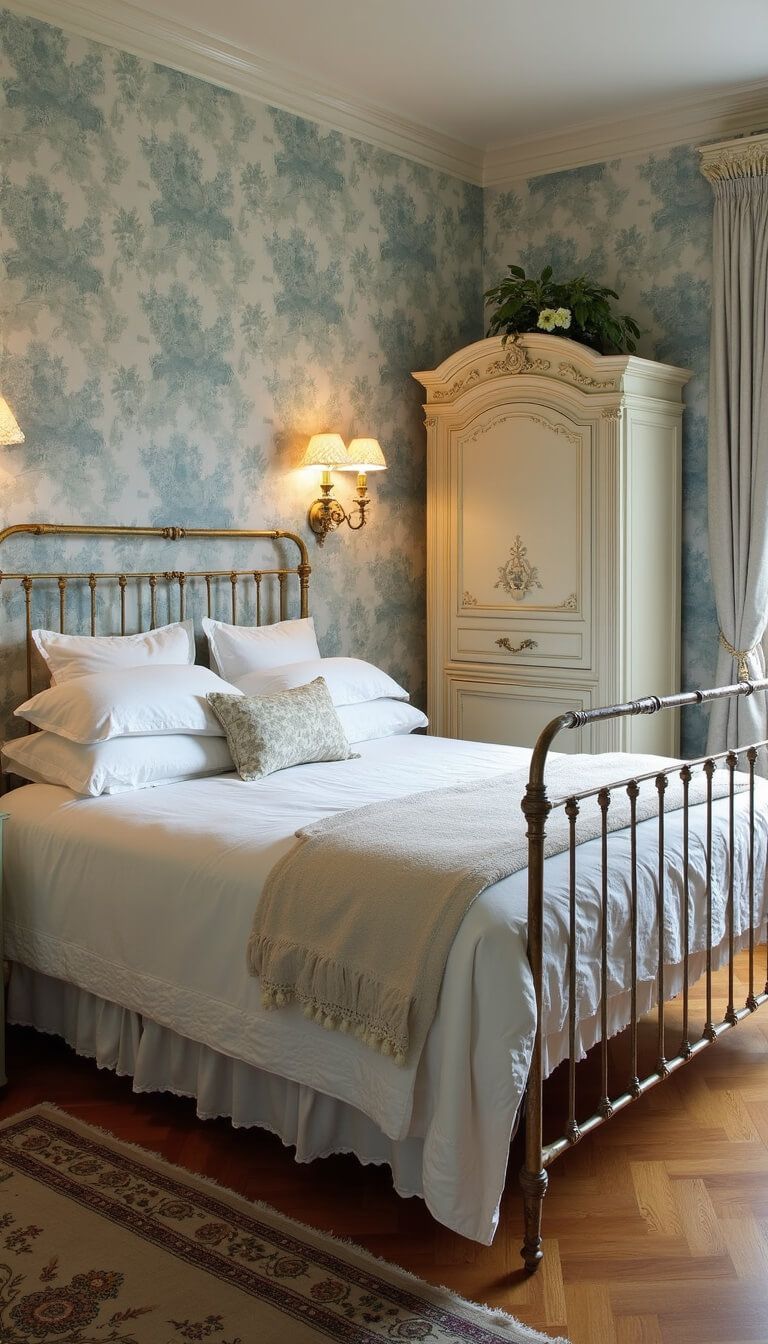 French country guest room with blue toile wallpaper, antique iron bed, vintage quilt, painted armoire, herringbone floors, and crystal sconces in late afternoon light.