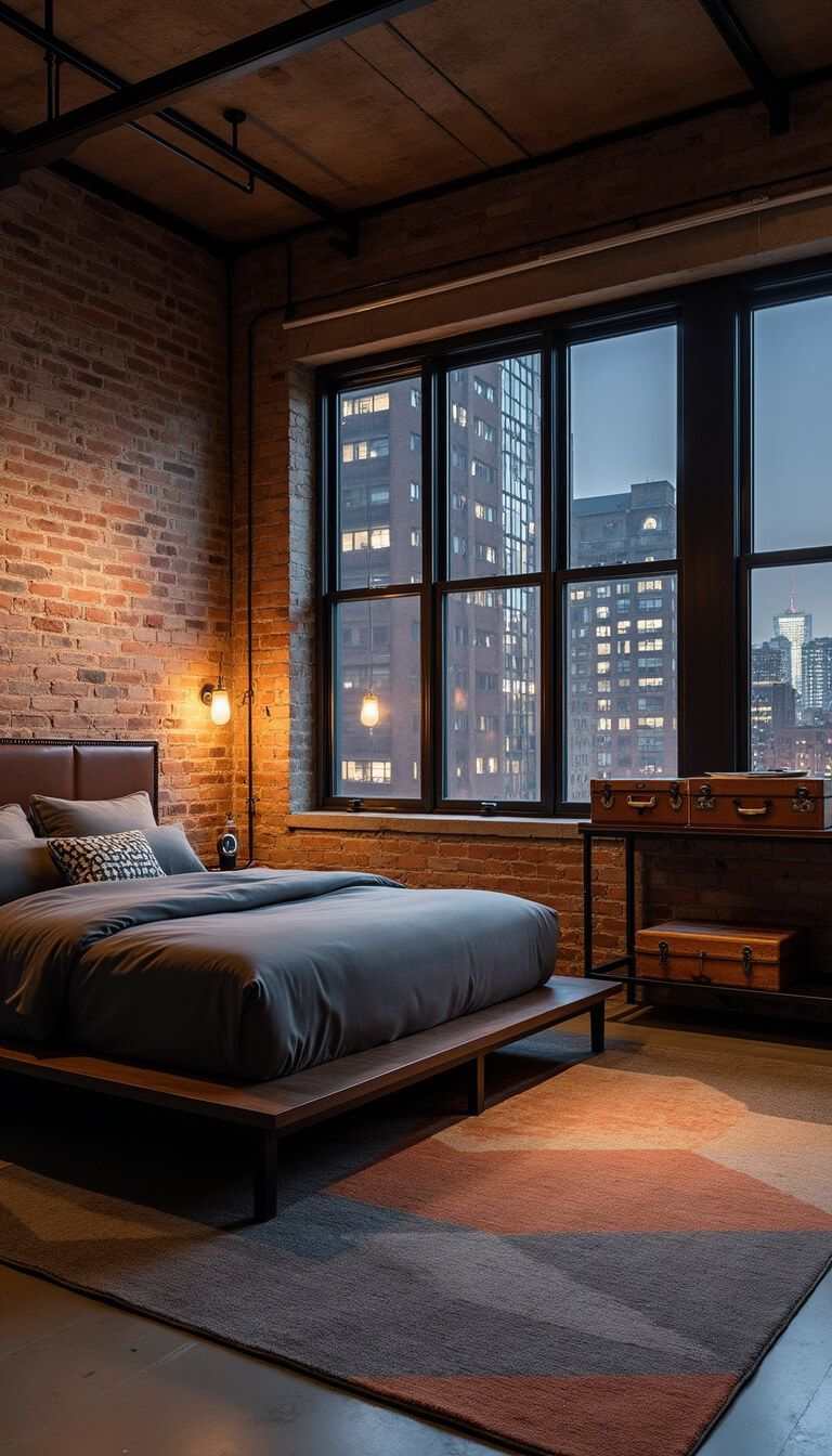 Urban industrial guest loft with exposed brick, steel-framed windows showing city nightscape, queen bed with charcoal linens, concrete floors, geometric rug, and pipe shelving with vintage suitcases.