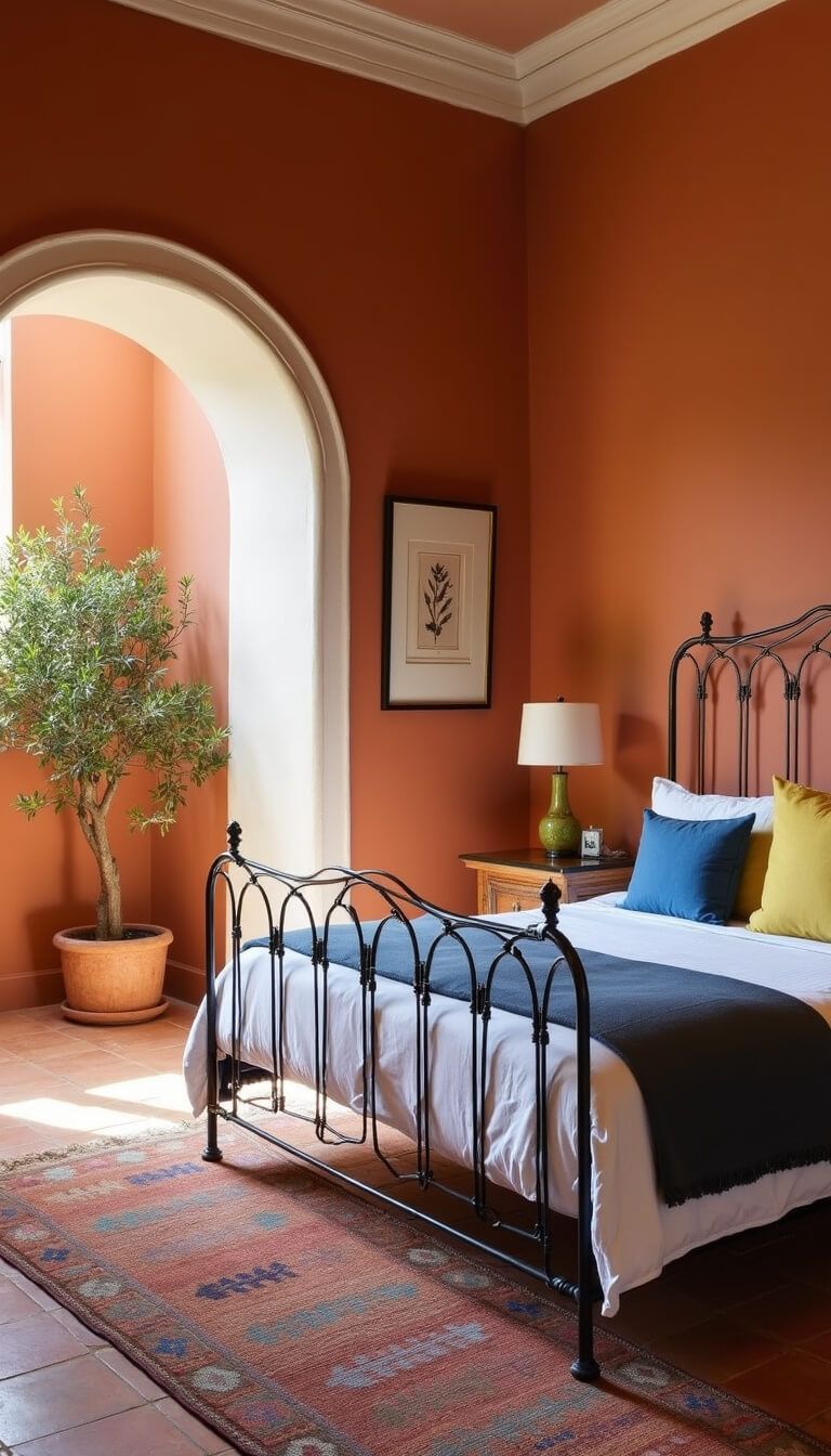 Mediterranean guest suite with terracotta walls, arched doorway, wrought iron bed, kilim rug, and potted olive tree in natural afternoon light.