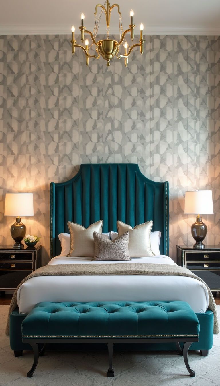Art deco guest room with silver and cream geometric wallpaper, deep teal velvet bed, mirrored brass-accented furniture, and dramatic lighting highlighting metallic details.