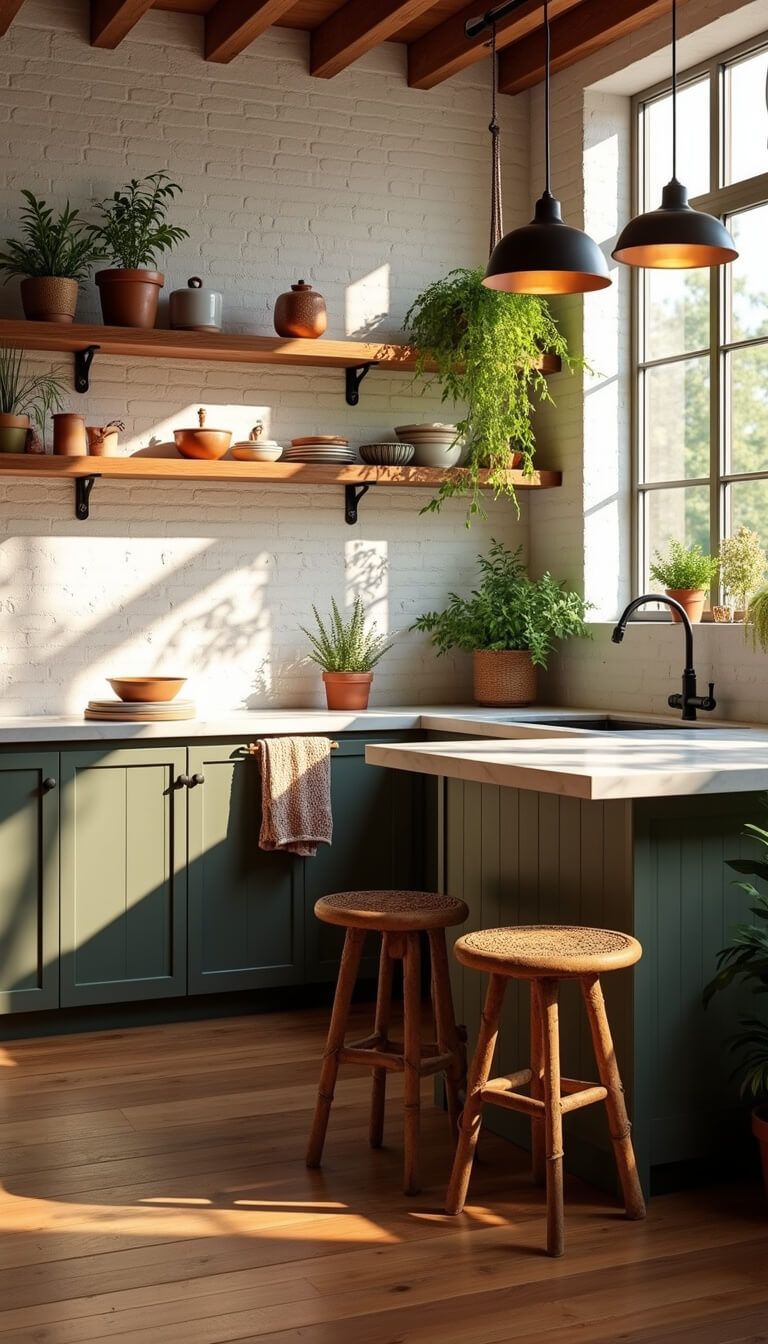 Modern boho kitchen at golden hour with whitewashed brick walls, oak floors, floating shelves, and marble island; rattan stools, black fixtures, and trailing plants lit by amber light through large windows.