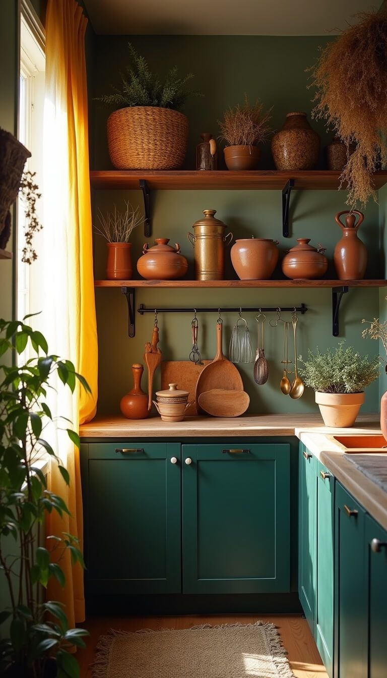 Low-angle view of a modern boho galley kitchen with forest green cabinets, reclaimed wood open shelving, brass utensils, potted herbs, and dried flowers in warm morning light.