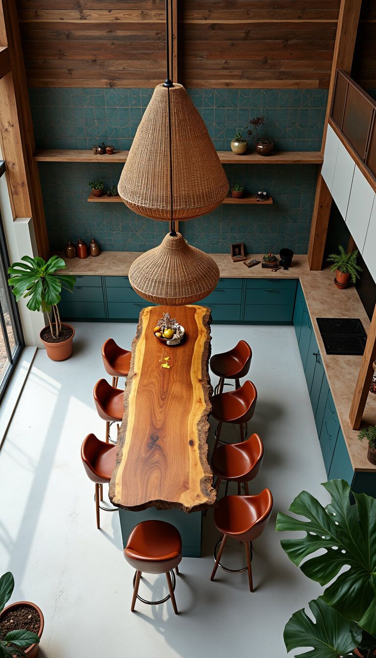 Overhead view of modern boho kitchen with live-edge island, rattan pendant lights, teal geometric backsplash, and vintage leather barstools on white concrete floors.