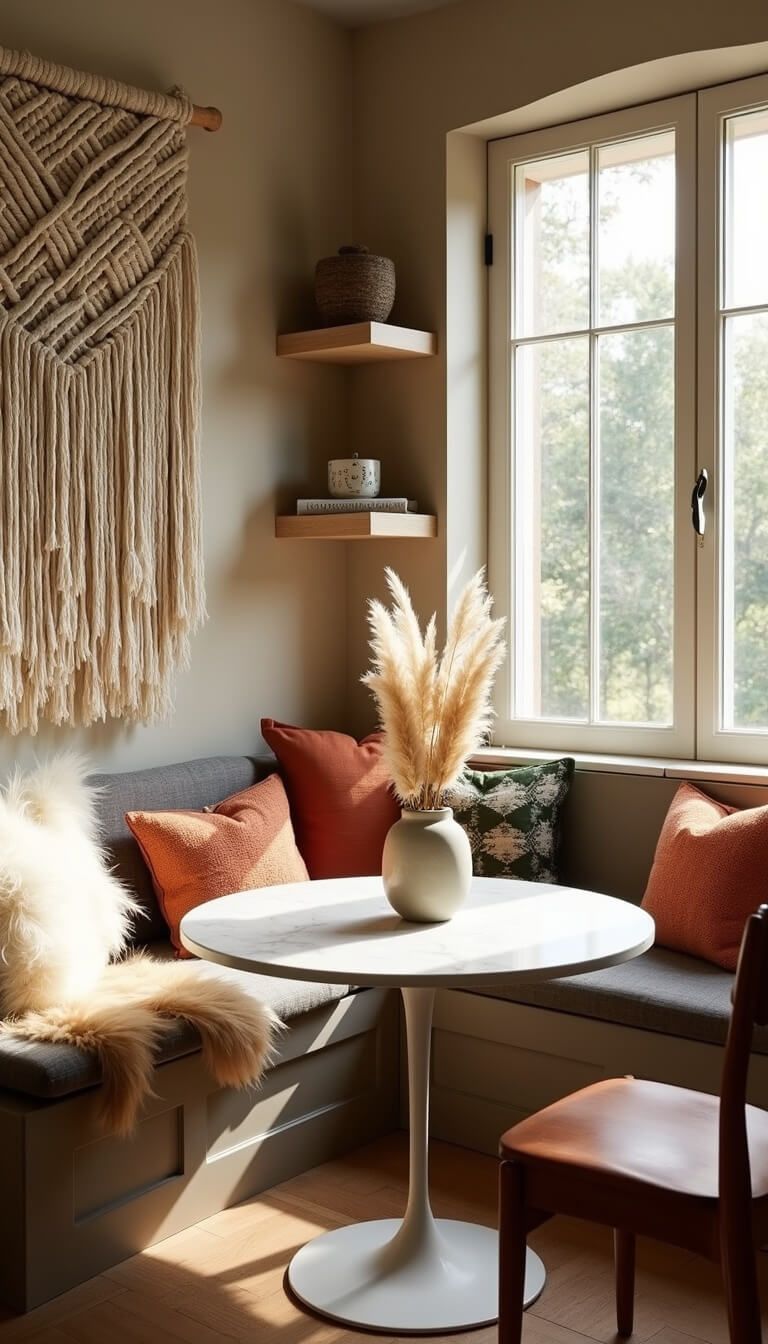 Modern boho breakfast nook with built-in bench, Kilim cushions, marble table, pampas grass, and macramé wall hanging in soft afternoon light.
