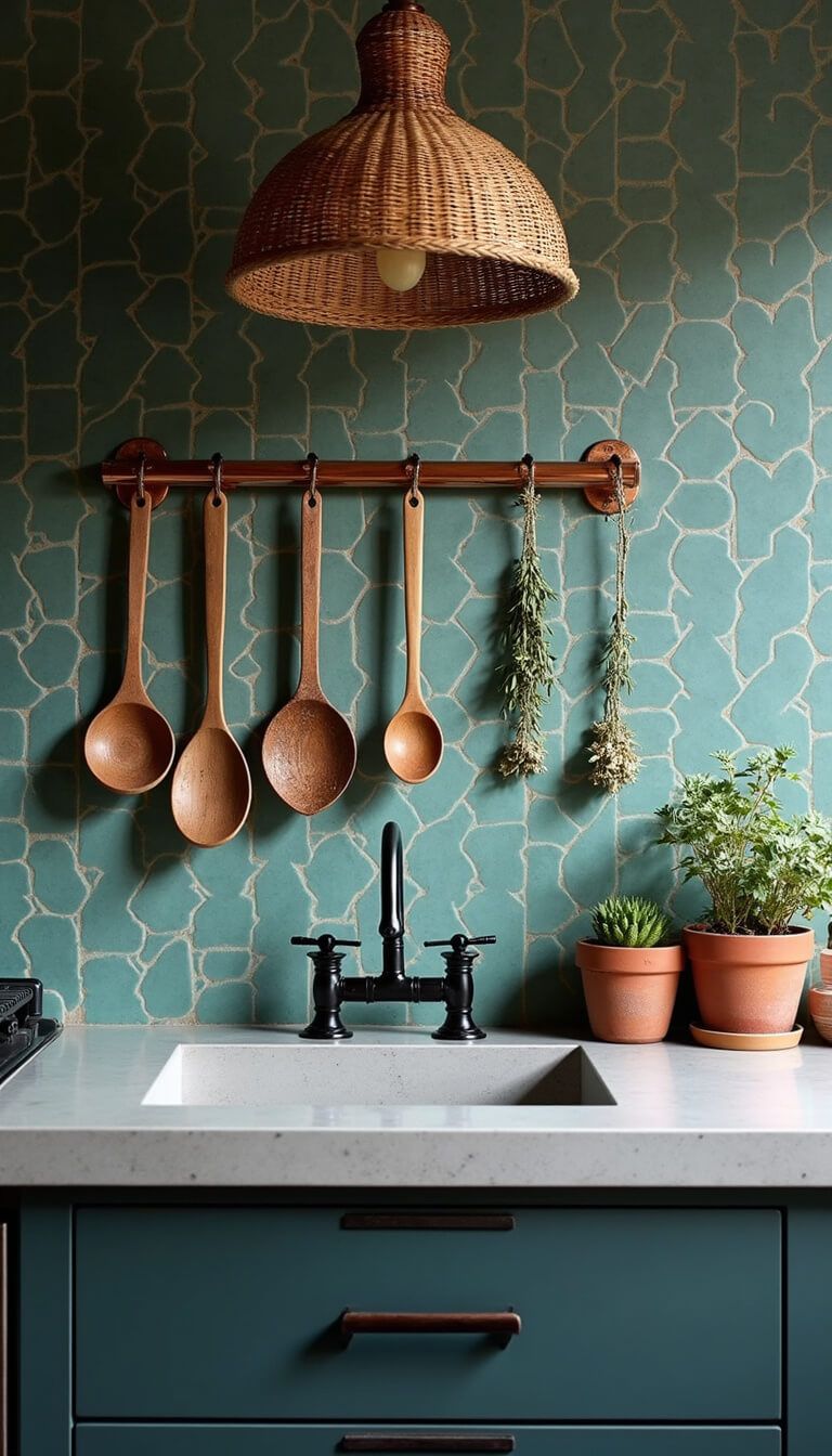 Modern boho kitchen detail with concrete countertops, teal zellige tile backsplash, copper utensil rail, wooden spoons, hanging herbs, woven pendant light, succulents, and mixed natural textures.
