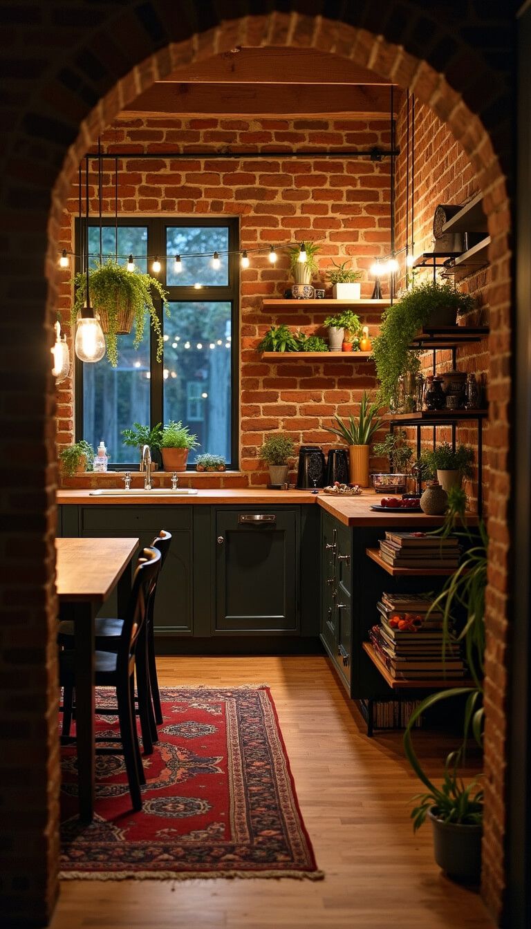 Boho kitchen-dining space with arched doorway, string lights, exposed brick, vintage rug, hanging plants, industrial shelving, and earthy tones.
