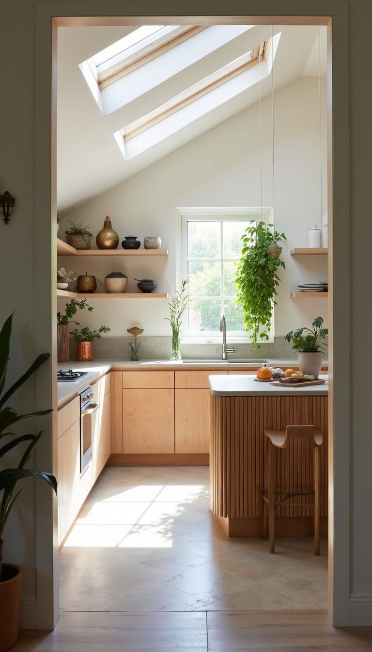 Modern boho kitchen with skylights, white oak shelves, central wood-slat island, cement tile flooring, hanging herb garden, and handmade pottery accents.