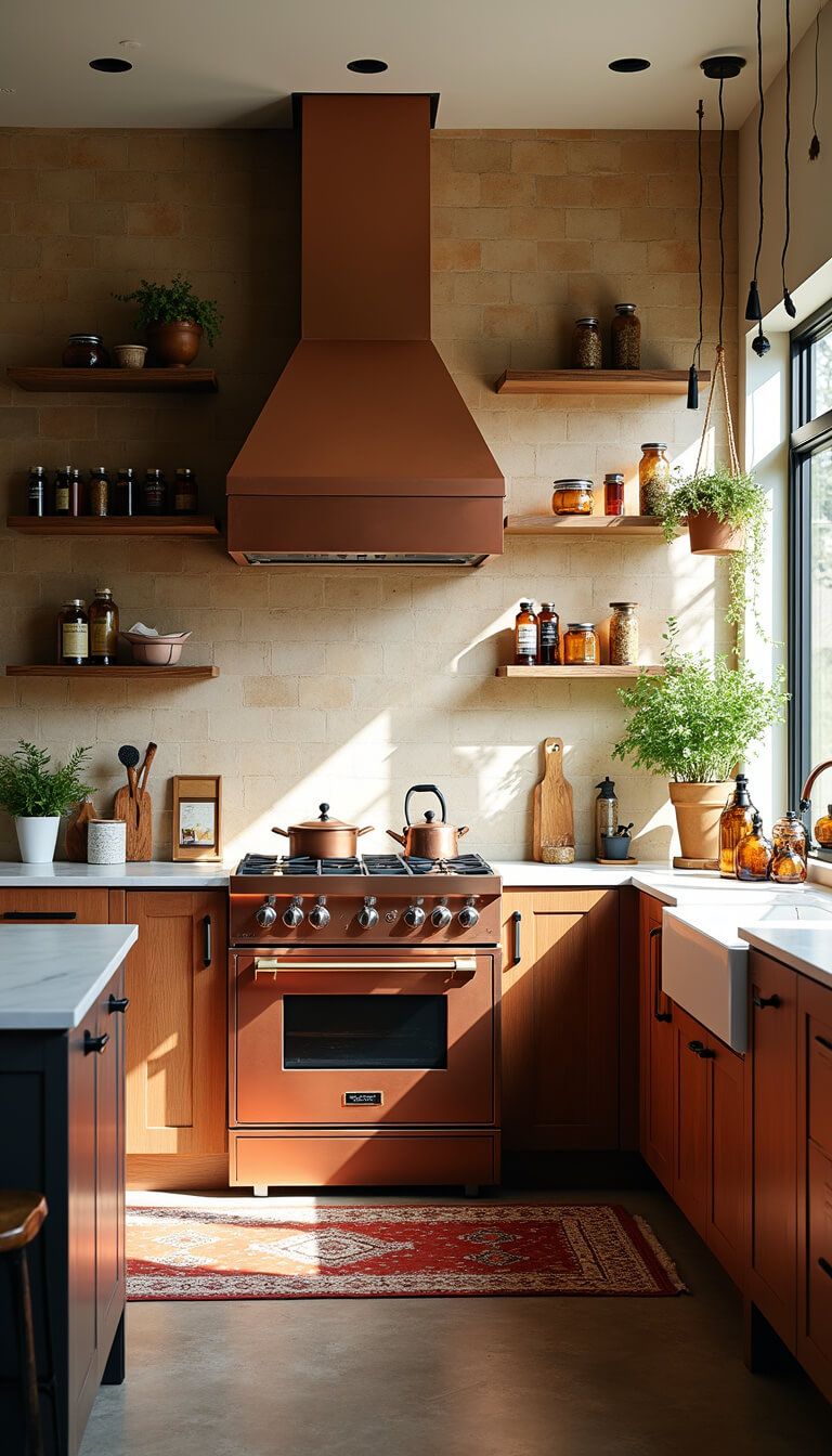 Sunlit boho kitchen with copper range, earth-toned cement tile backsplash, floating shelves with amber spice jars, vintage rug on concrete floor, and macramé plant hangers by window.