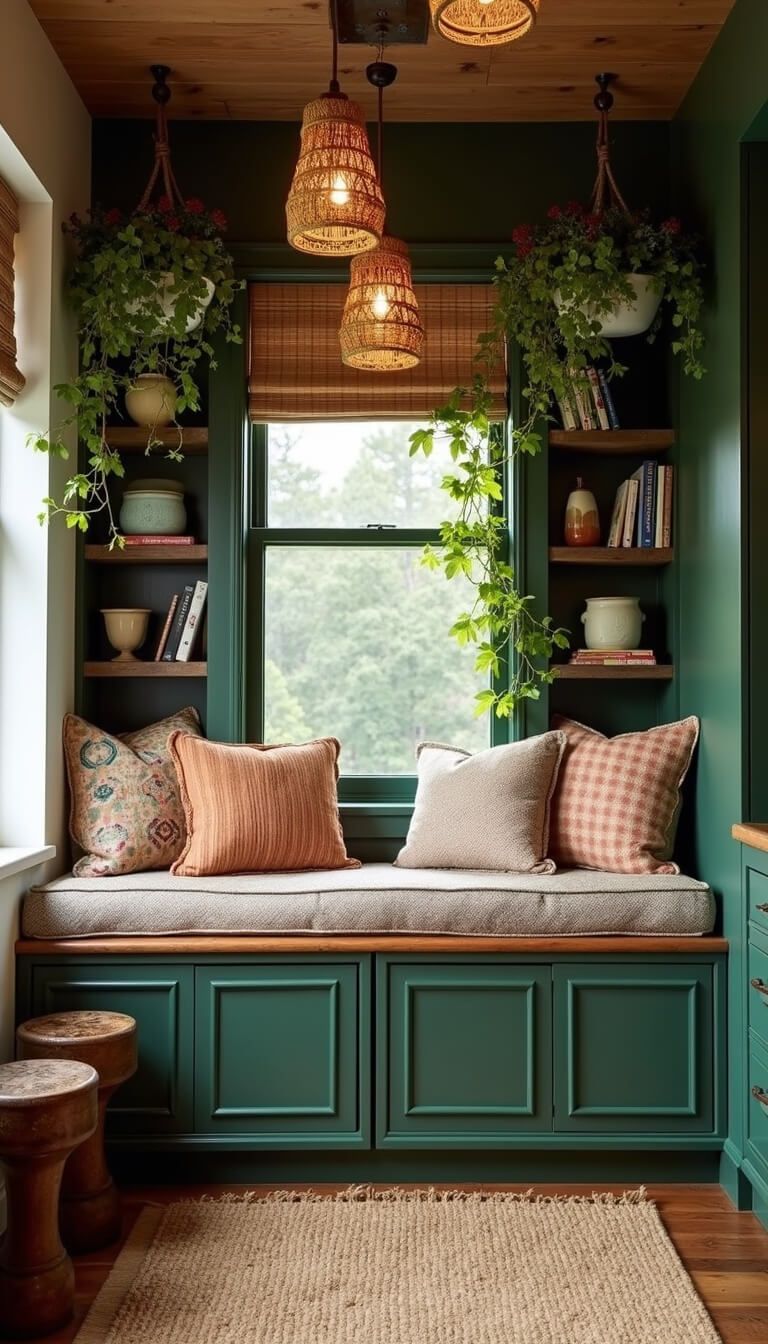 Cozy modern boho kitchen lounge with window seat, vintage cushions, open shelving, hanging plants, and warm green built-ins.
