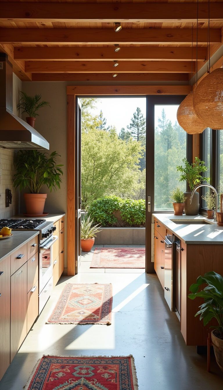 Bright boho kitchen with sliding glass doors opening to patio, featuring natural materials, potted plants, vintage rugs, and a window herb garden.