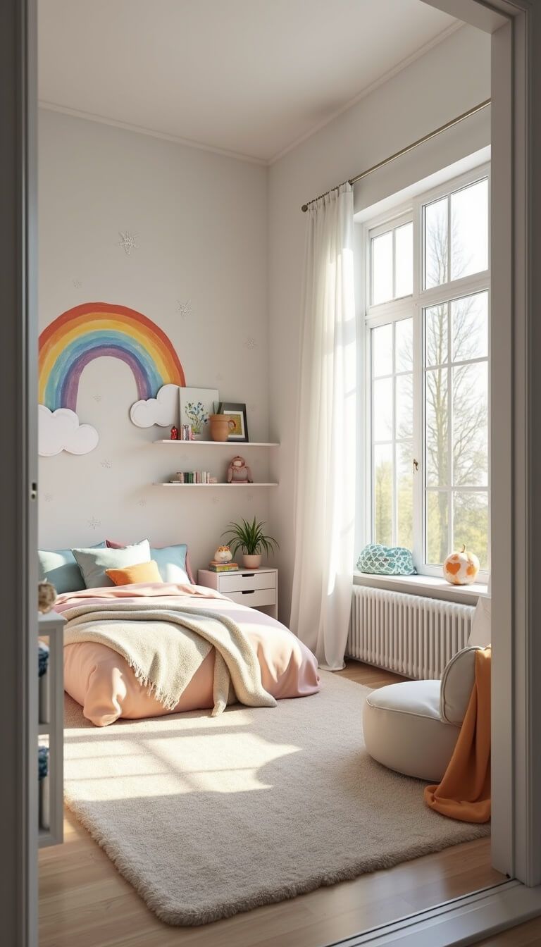 Bright children's bedroom with rainbow mural, white cloud-themed furniture, pastel bedding, and crystal prisms casting rainbow reflections in natural morning light.