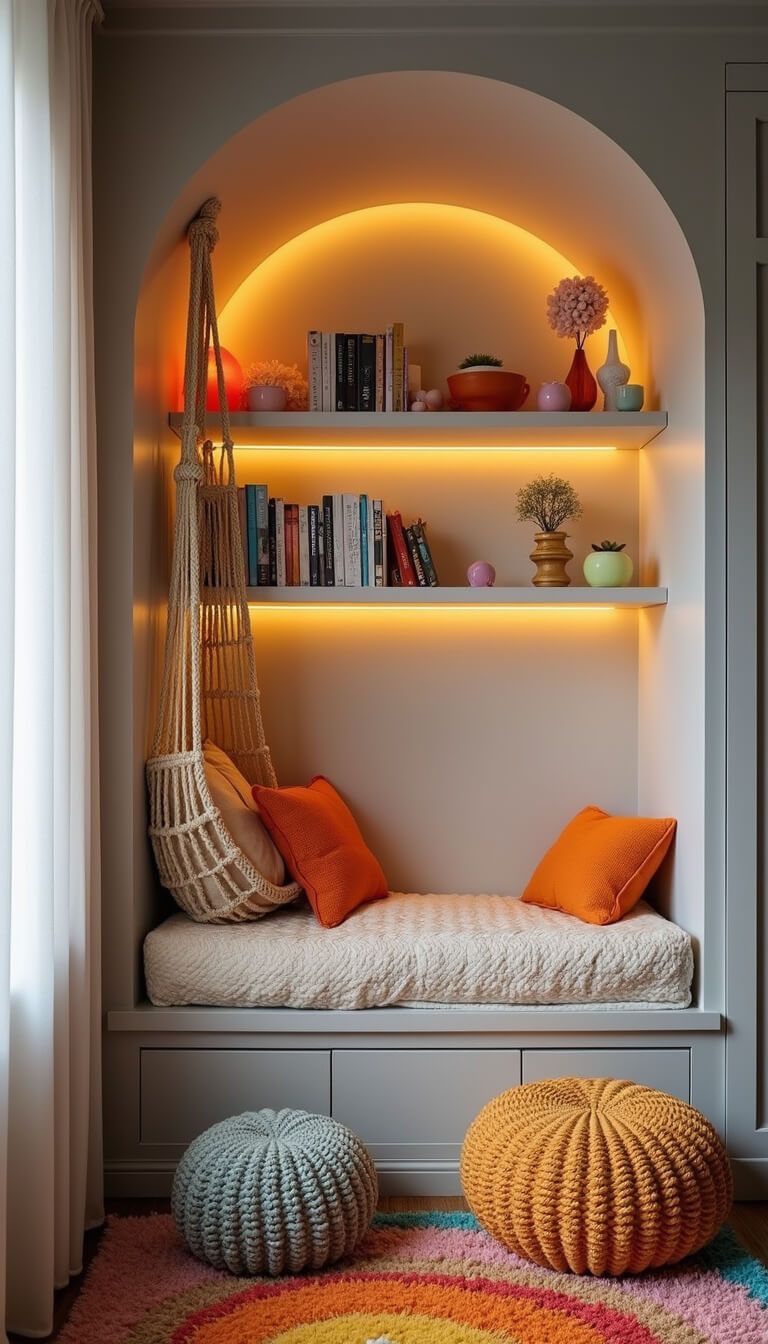 Cozy kids' bedroom at golden hour with a macramé rainbow swing chair, rainbow-lit floating bookshelves, rattan accents, and textured decor like knit poufs and a shag rug.