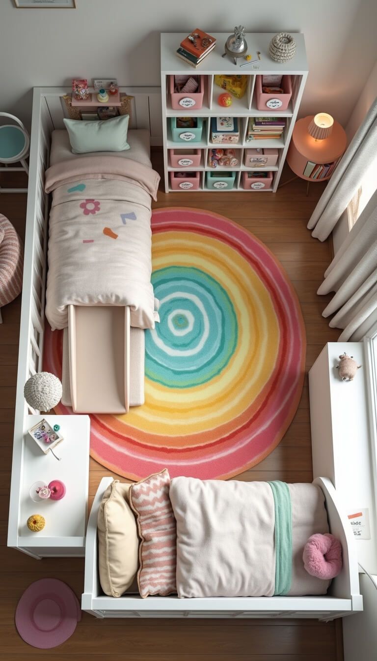 Overhead view of a colorful 15x15 ft children's bedroom with a central circular rainbow rug, loft bed with slide, modular rainbow storage, acrylic desk, and rainbow decals above bed.