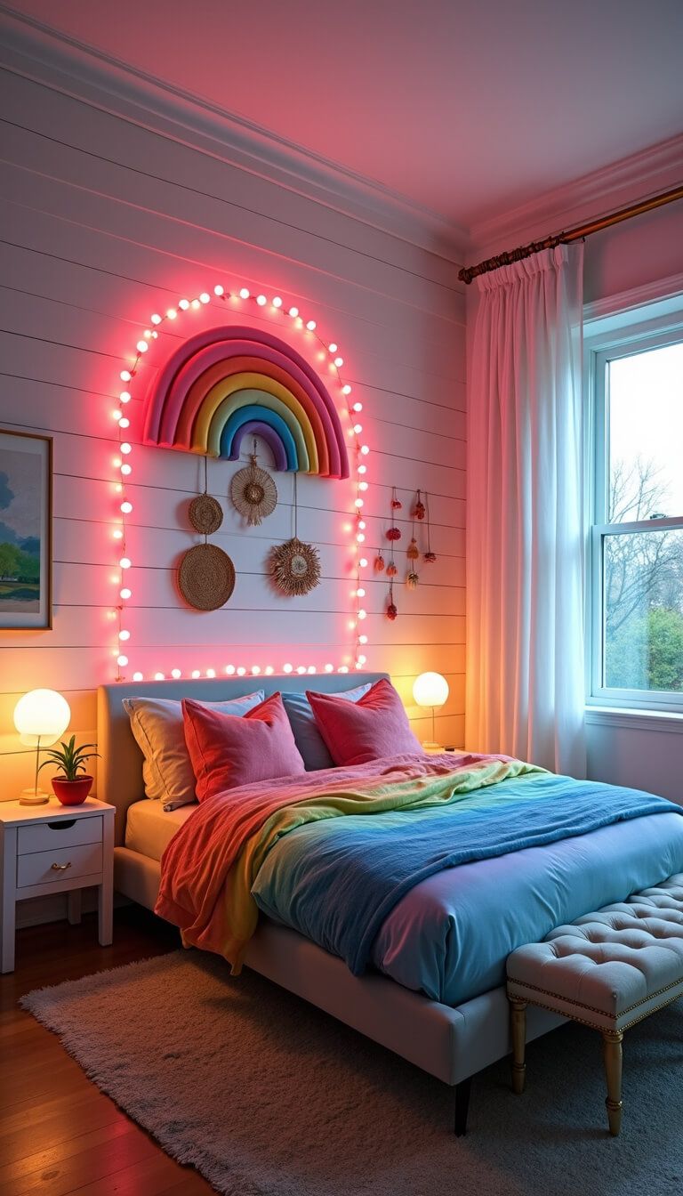 Eye-level view of a 12x13ft bedroom's feature wall at dusk with floating custom LED rainbow light above white shiplap, ombré rainbow bedding and canopy on platform bed, minimalist white furniture, velvet bench, woven wall art, and metallic accents in warm LED and cool evening light.
