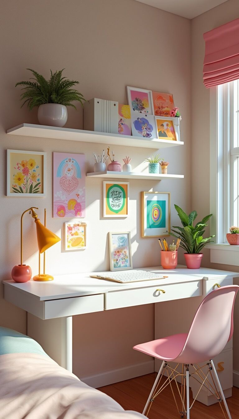 Close-up of a colorful study area in a small bedroom with rainbow-themed gallery wall, modern white desk, lucite chair, gradient pegboard storage, and shimmering textured wallpaper.
