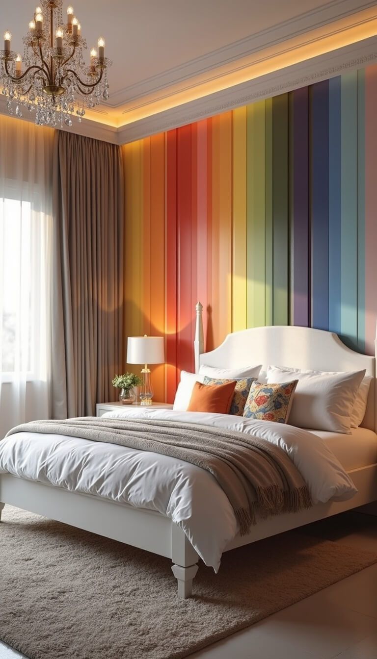 Sunlit 14x16ft bedroom with rainbow stripe accent wall behind a contemporary canopy bed, white furniture, layered lighting, and varied textures.