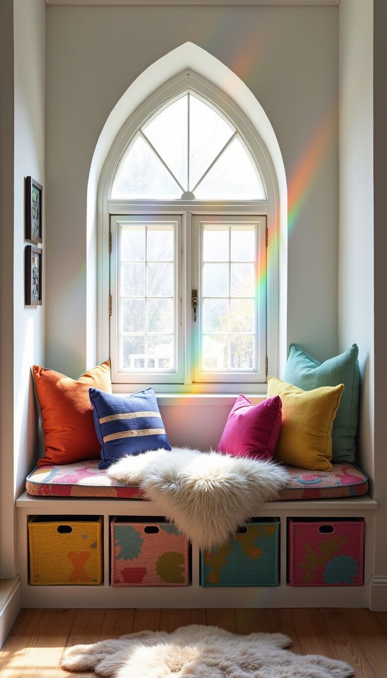 Window nook in 11x13ft bedroom with built-in seat, rainbow cushions, arch detail, prisms casting rainbows, mirrored walls, and textured accents like velvet, sheepskin, and woven baskets.