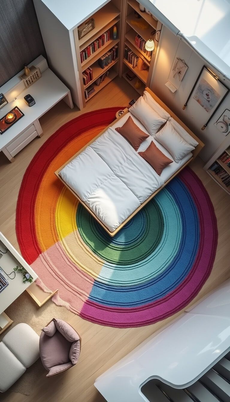 Bird's eye view of modern 13x15ft bedroom with circular layout, rainbow spiral rug, floating bed, curved desk, rainbow bookshelf, and LED-lit color zones.