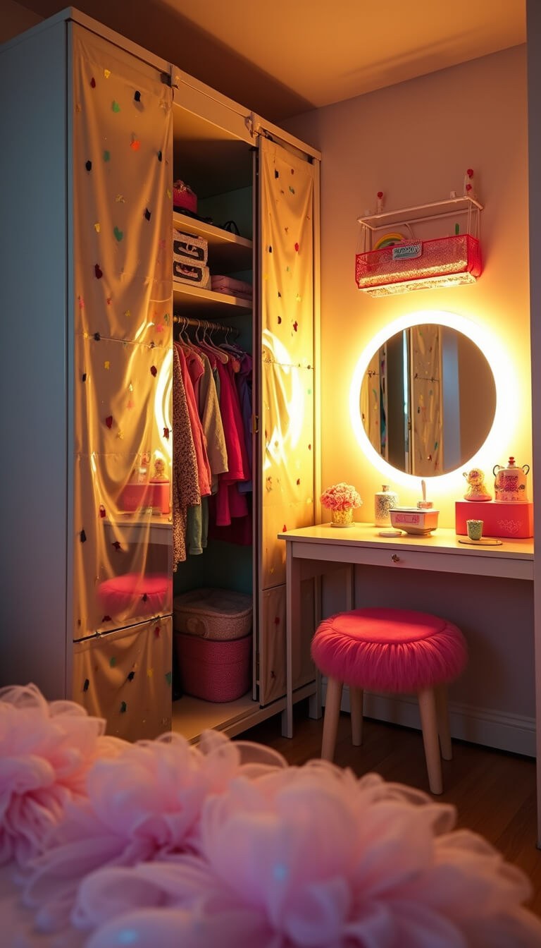 Eye-level view of a colorful dress-up corner with mirrored rainbow wardrobe, LED vanity, and organized costumes in golden hour light.