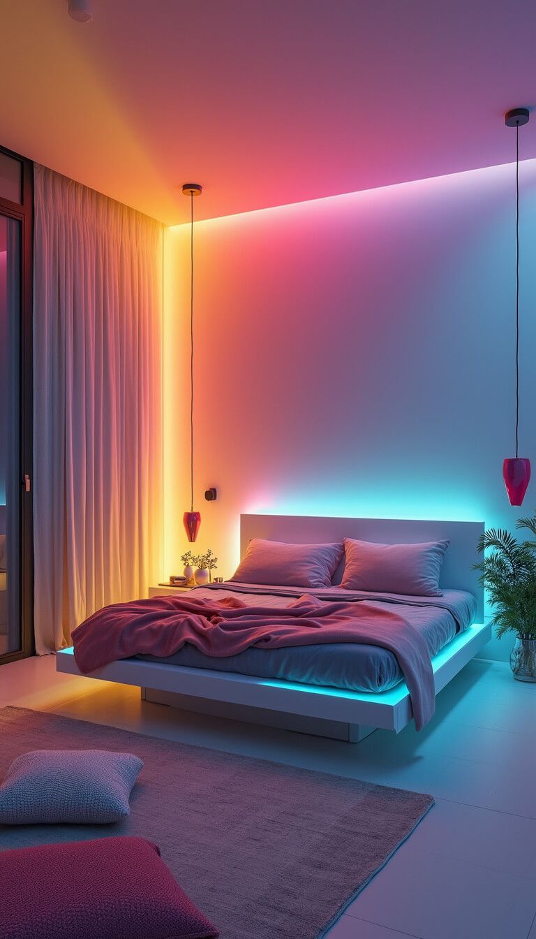 Twilight-lit modern bedroom with rainbow gradient ceiling, LED-lit platform bed, minimalist white furniture, and vibrant accessories.